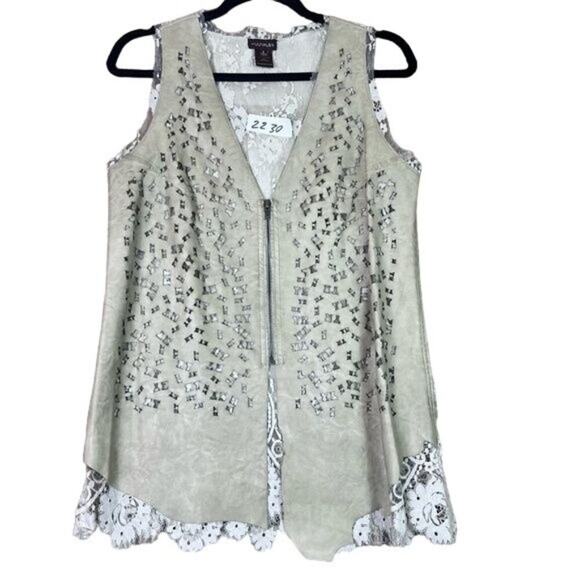 Multiples Vest Womens Small Vegan Leather Floral Lace Boho Hippy Lagenlook - Picture 1 of 11